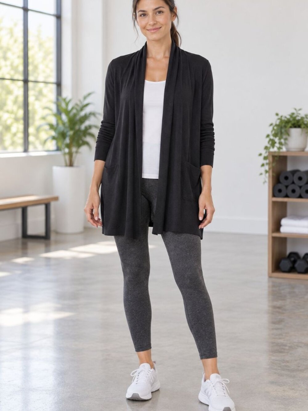 Athleta Black Open Front Duster Mid Length Cardigan M Shawl Collar Athleisure